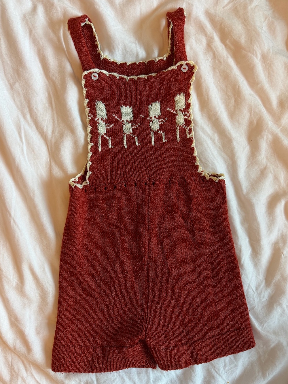 Vintage Handmade Rust Red Knit Romper Overalls for Kids